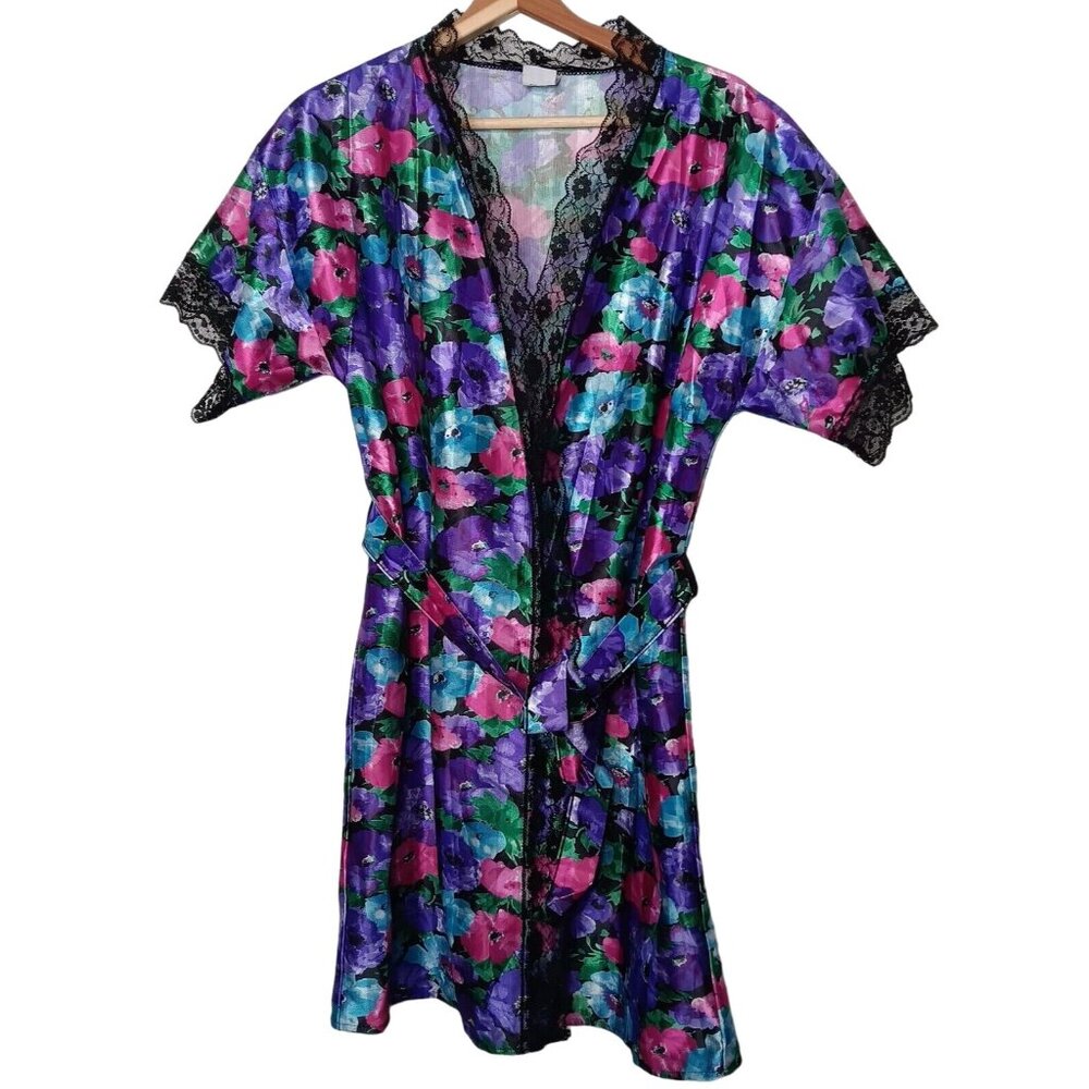 Vintage 80s Private Moments M Robe Knee Length Colorful Floral Black Lace Belted